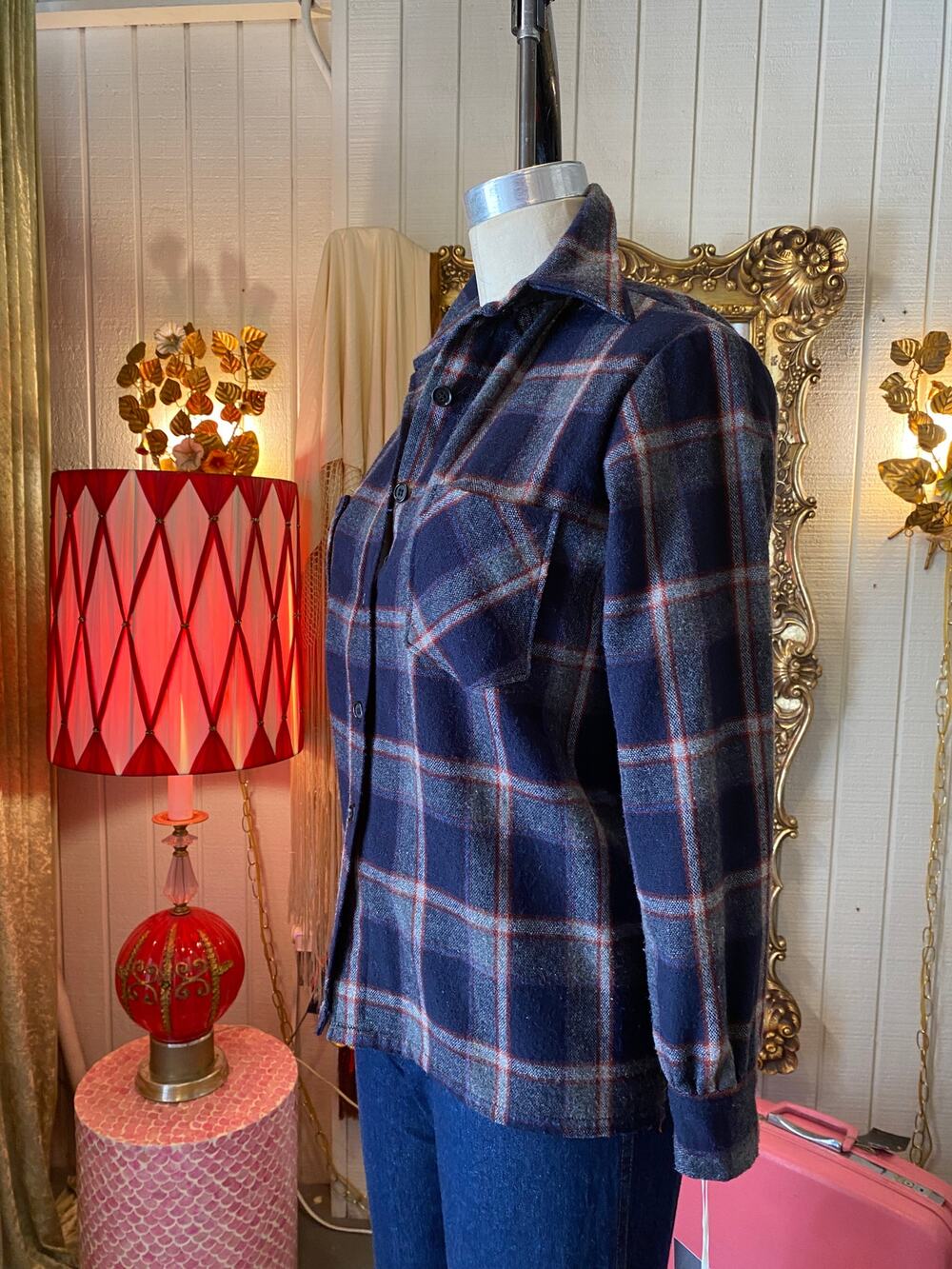 vintage 1970s navy blue wool plaid shirt, button up, 70s womens blouse, casual s